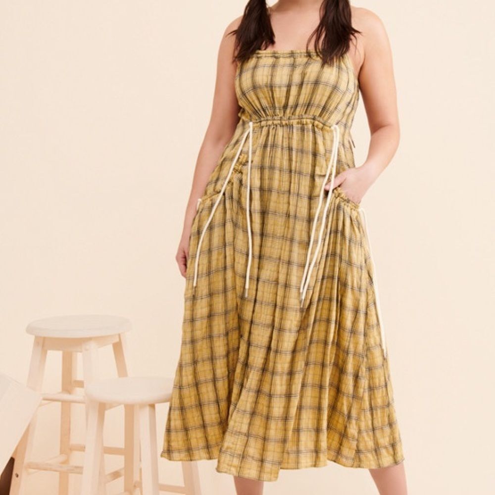 Anthropologie Moon River Yellow Plaid Smocked Midi Dress L Pockets Cottagecore